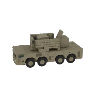 3D-модель мобильной пусковой установки ракет песочного цвета с несколькими ракетными блоками, показанная с трехчетвертного пе