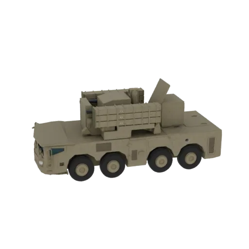 3D-модель мобильной пусковой установки ракет песочного цвета с несколькими ракетными блоками, показанная с трехчетвертного пе