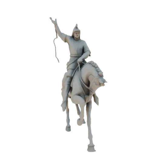 3D модель монгольского воина в броне, держащего плеть, едущего на скачущей лошади, в сером цвете.