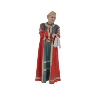 3D model of a medieval courtier woman wearing a red and teal gown with a ruffled collar, holding a white cloth.