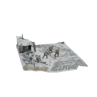 3D модель зимней диорамы с солдатами на заснеженном ландшафте у разрушенного здания, с обломками и ледяной землей.