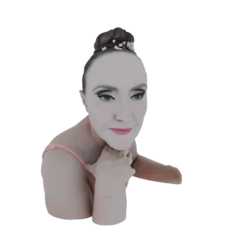 3D модель балерины с элегантной прической и розовым трико, грациозно позирующая с рукой на подбородке.