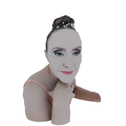 3D модель балерины с элегантной прической и розовым трико, грациозно позирующая с рукой на подбородке.