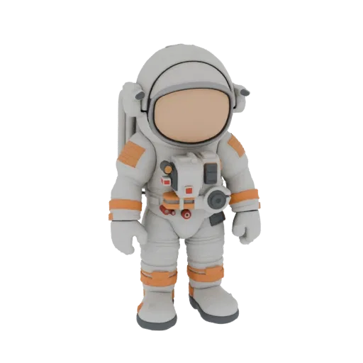 3D рендер персонажа мультяшного астронавта в бело-оранжевом скафандре, стоящего и смотрящего вперед.