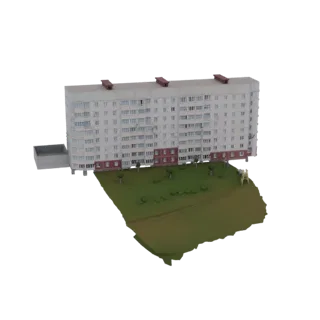 3D модель советской многоэтажки с зеленой базой, вид под углом.