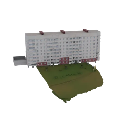 3D модель советской многоэтажки с зеленой базой, вид под углом.