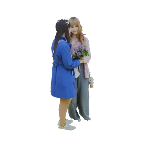 3D модель двух молодых женщин, одна держит букет фиолетовых цветов, с мягкими чертами и в повседневной одежде.