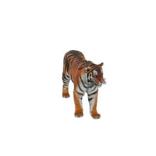 Реалистичная 3D-модель тигра в стойке, с оранжевой шерстью, черными полосами и сосредоточенным выражением.