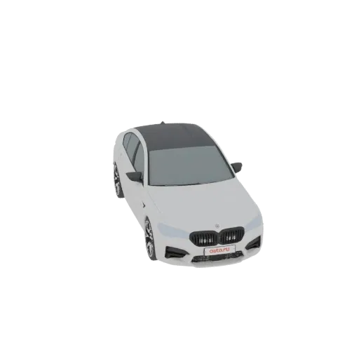 3D модель белого седана BMW M5, вид спереди под углом три четверти на белом фоне.