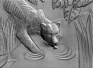 3D модель барельефа ягуара, склонившегося к воде среди листвы и травы