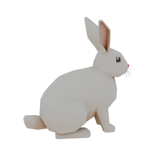 Низкополигональная 3D-модель белого кролика, сидящего с повернутой головой, на белом фоне.
