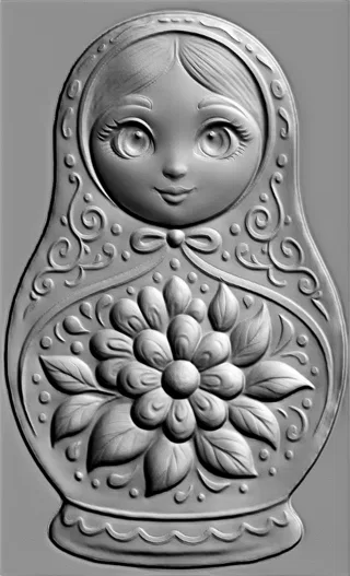 3D модель барельефа русской куклы с цветочным узором, выполненная в сером цвете, с детальной проработкой лица и орнамента.