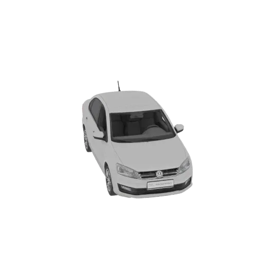 3D модель белого седана Volkswagen, вид под слегка приподнятым углом спереди справа, на простом фоне.