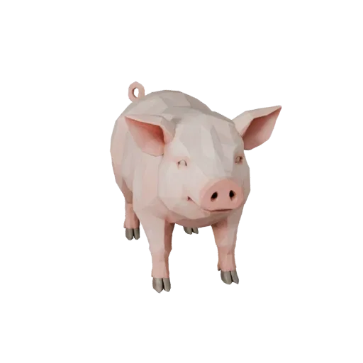 Низкополигональная 3D модель свиньи, вид сбоку в игровой камере, низкополигональная модель животного с детализацией поверхнос