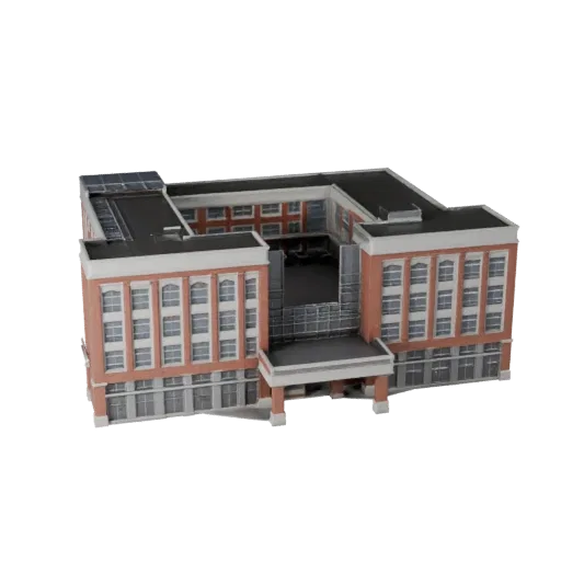 Реалистичная 3D модель университетского здания, вид в три четверти снаружи, показывающий материалы общественного здания и арх
