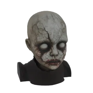 Рендер 3D модели бюста жуткой кукольной головы с треснувшей кожей, пустыми белыми глазами и искаженным ртом на белом фоне.