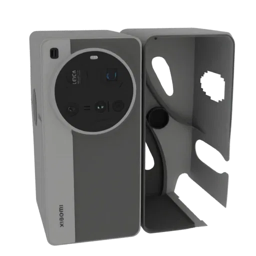 3D-модель модуля камеры Leica рядом с защитным чехлом, демонстрирующая детализированный дизайн объектива и чехла.