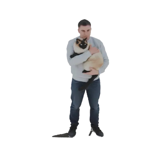 3D модель мужчины в синем свитере и джинсах, держащего сиамскую кошку кремового окраса с темными отметинами.
