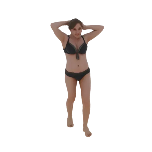 3D модель женщины в черном бикини, стоящей с руками за головой, на белом фоне.
