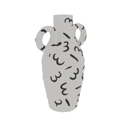 3D модель белой вазы с черными узорами дудл, с двумя ручками и классической формой амфоры.