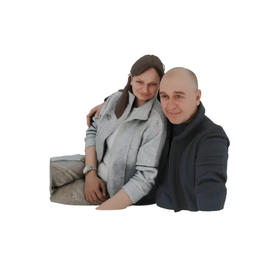 3D модель обнимающейся пары, мужчина с лысой головой и женщина с каштановыми волосами, оба в куртках.