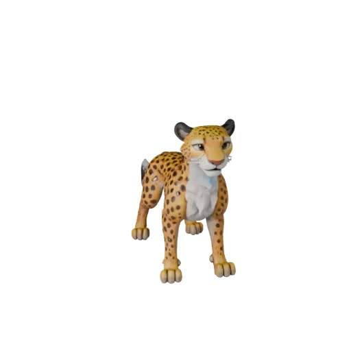 Мультяшная 3D-модель гепарда, рендер дикой природы сбоку, стилизованный ассет животного с сужением челюсти, лопатками, движен