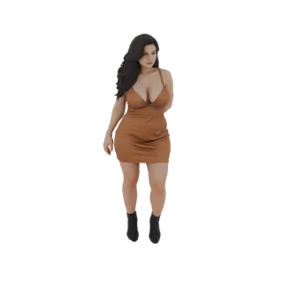3D модель женщины с темными волосами в коричневом мини-платье и черных ботильонах, позирующая на белом фоне.