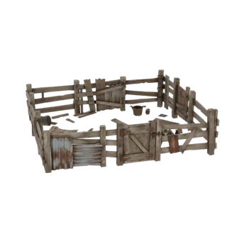 3D модель деревенского деревянного загона для скота с секциями из гофрированного металла и деревянными воротами на белом фоне