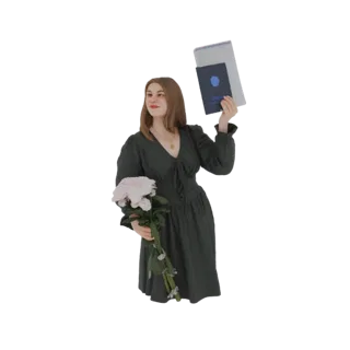 3D модель женщины в темно-зеленом платье с розовыми цветами и книгой, смотрящей в сторону с легкой улыбкой.
