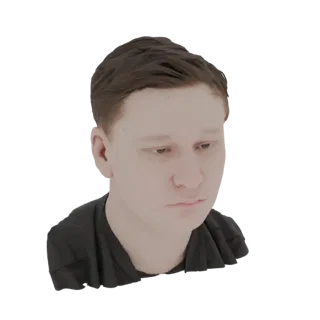3D рендер молодого человека с каштановыми волосами, смотрящего вниз с нейтральным выражением лица, одетого в черную футболку.