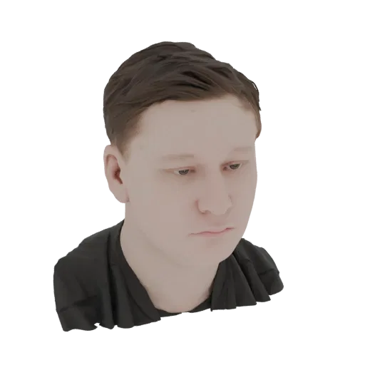 3D рендер молодого человека с каштановыми волосами, смотрящего вниз с нейтральным выражением лица, одетого в черную футболку.