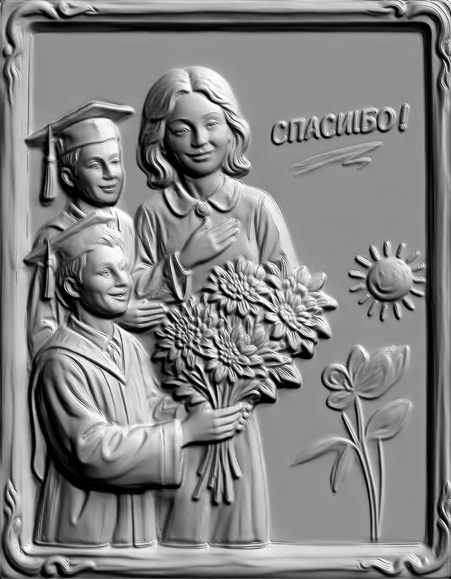 3D модель барельефа "Спасибо" с изображением двух выпускников, держащих букет цветов, солнца и цветка.