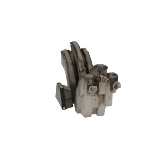 3D модель выветренного каменного фрагмента с видимыми окаменелыми ракушками, представленная на черном фоне.