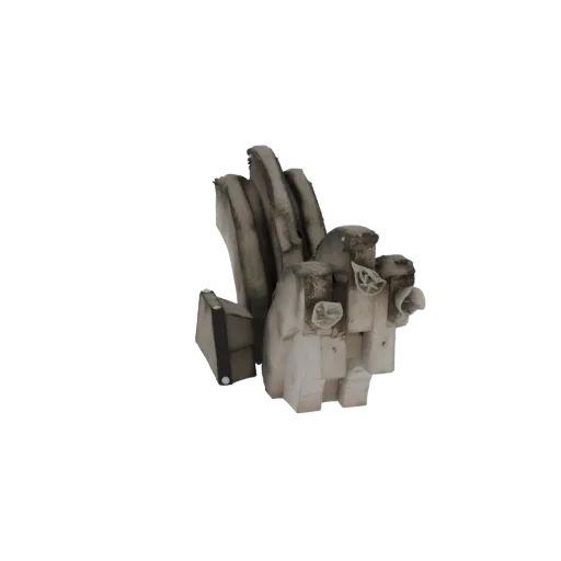 3D модель выветренного каменного фрагмента с видимыми окаменелыми ракушками, представленная на черном фоне.