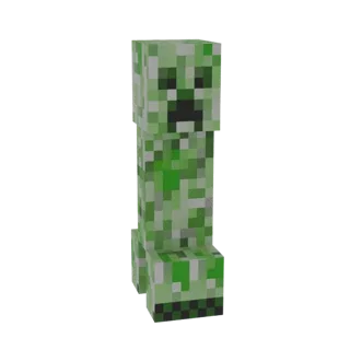 3D модель Крипера из Minecraft, стоящего прямо с фирменной пиксельной зеленой камуфляжной текстурой и черным лицом.