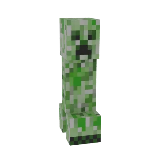 3D модель Крипера из Minecraft, стоящего прямо с фирменной пиксельной зеленой камуфляжной текстурой и черным лицом.