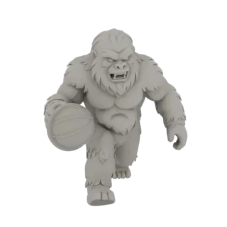 Рендер 3D модели серой, мускулистой гориллы в динамичной позе, ведущей баскетбольный мяч со свирепым выражением.