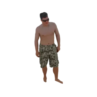 3D модель мужчины в камуфляжных плавках и солнцезащитных очках, стоящего в расслабленной позе.