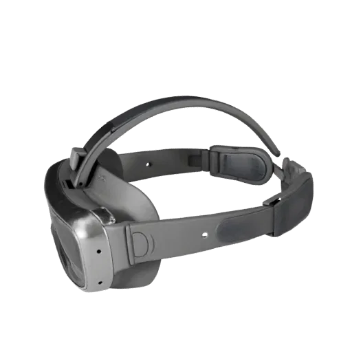 3D-модель умных очков в медицинском стиле, студийный рендер с трех четвертей, показывающий силикон, носимый вид.
