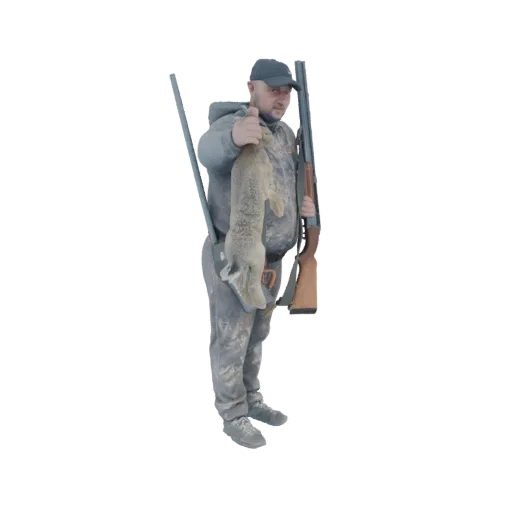 3D модель охотника с кроликом и ружьем, показывающего большой палец вверх.