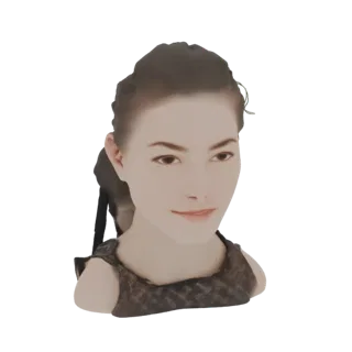 Рендер 3D модели молодой женщины с хвостом, одетой в темный топ, смотрящей вперед с легкой улыбкой.