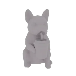 3D-модель светло-серого французского бульдога, сидящего и держащего чашку с соломинкой, пьющего.