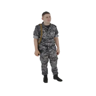 3D модель солдата в камуфляже с сумкой через плечо, стоящего и смотрящего вперед.