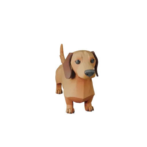Низкополигональная 3D-модель таксы, вид сбоку в игровом ракурсе, низкополигональная модель животного с плоскостями морды, под