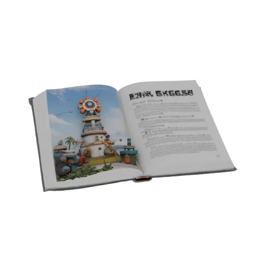 3D модель открытой книги в твёрдом переплёте с иллюстрацией футуристической башни на левой странице и текстом на правой.
