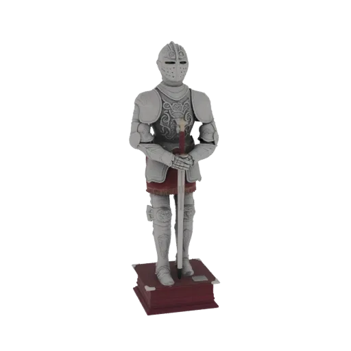 3D-модель средневекового рыцаря в серебряных доспехах с мечом, стоящего на красной подставке в виде книги.