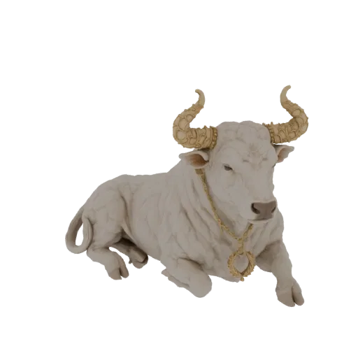 3D модель лежащего белого быка с золотыми рогами и ожерельем из лаврового венка, вдохновленная древнегреческой мифологией.