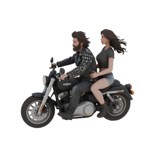 3D модель рокера-байкера и его девушки на мотоцикле в стиле рок-н-ролл