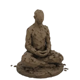 3D модель медитирующей фигуры, состоящей из фрагментированных, слоистых частей, с руками, покоящимися на коленях.