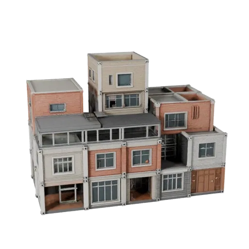 Низкополигональная 3D модель модульной общественной постройки, готовая к игре, вид снаружи, показывающий материалы модульной